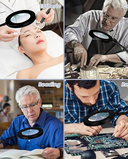 10X Magnifying Glass with Light and Stand,NUEYiO 3-Color Stepless Dimmable LED Magnifying Floor Lamp, 24" Gooseneck Adjustable Swing Arm Lighted Magnifier Lamp with Clamp for Reading Craft Esthetican - LeafyLoom