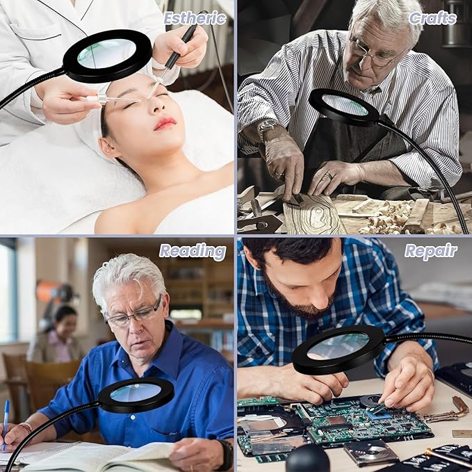 10X Magnifying Glass with Light and Stand,NUEYiO 3-Color Stepless Dimmable LED Magnifying Floor Lamp, 24" Gooseneck Adjustable Swing Arm Lighted Magnifier Lamp with Clamp for Reading Craft Esthetican - LeafyLoom