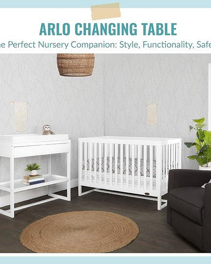 Arlo Changing Table in White, Made of Solid New Zealand Pinewood, Non-Toxic Finish, Comes with Water Resistant Mattress Pad & Safety Strap - LeafyLoom