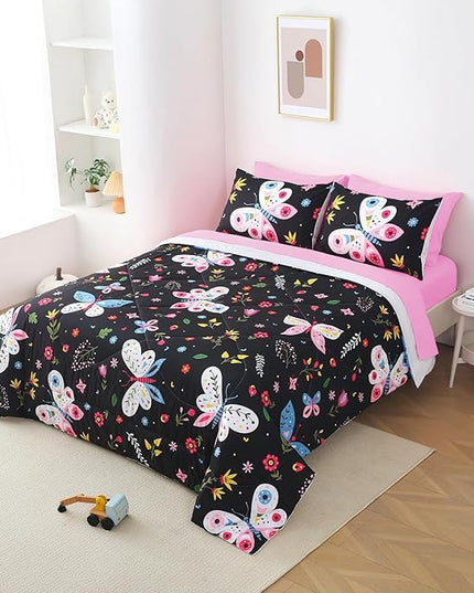 Girls Butterfly Comforter Set Queen Size Black 7 Piece Bed in A Bag Colorful Flowers Leaves Bedding Set for Kids Teens Adults Super Soft All Season - LeafyLoom