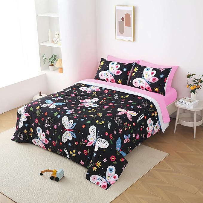 Girls Butterfly Comforter Set Twin Size Black 7 Piece Bed in A Bag Colorful Flowers Leaves Bedding Set for Kids Teens Super Soft All Season - LeafyLoom