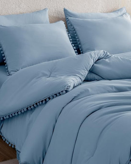 Litanika Queen Size Comforter Set Grey Blue,3 Pieces Grey Blue Boho Pom Pom Lightweight Bed Comforter, All Season Soft Solid Color Bedding Comforter Sets (1 Comforter 90x90 Inch, 2 Pillowcases) - LeafyLoom
