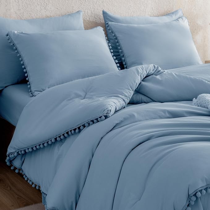 Litanika Queen Size Comforter Set Grey Blue,3 Pieces Grey Blue Boho Pom Pom Lightweight Bed Comforter, All Season Soft Solid Color Bedding Comforter Sets (1 Comforter 90x90 Inch, 2 Pillowcases) - LeafyLoom