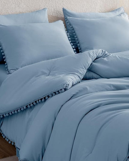 Litanika Comforter Full Size Set Grey Blue,3 Pieces Grey Blue Boho Pom Pom Lightweight Bed Comforter Full,All Season Soft Solid Color Bedding Comforter Sets (1 Comforter 79x90 Inch, 2 Pillowcases) - LeafyLoom