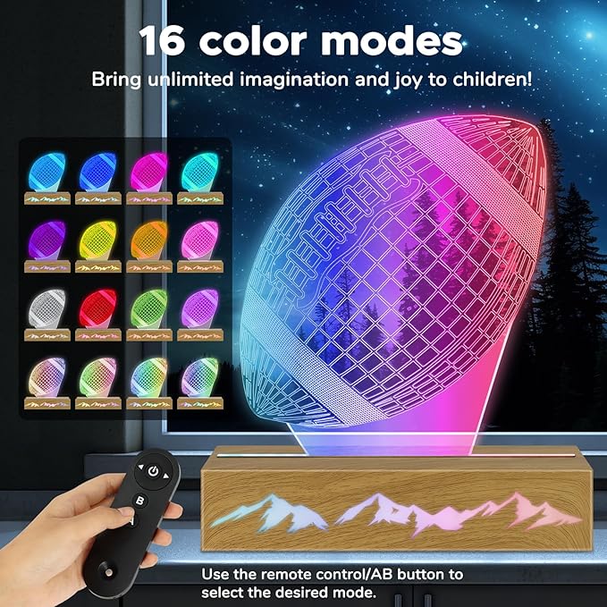 Kids Night Light Football 3D Optical Illusion Lamp with Remote Control 16 Colors Changing Football Birthday Valentine's Day Gift Idea for Sport Fan Boys Girls - LeafyLoom