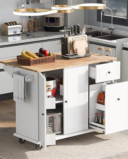 53.9" Drop Leaf, Rolling Island on Wheels w/Drawer and 3-Tier Pull Out Cabinet Organizer, Kitchen Storage Cart with Spice, Towel Rack, White, 53.94 Inch - LeafyLoom