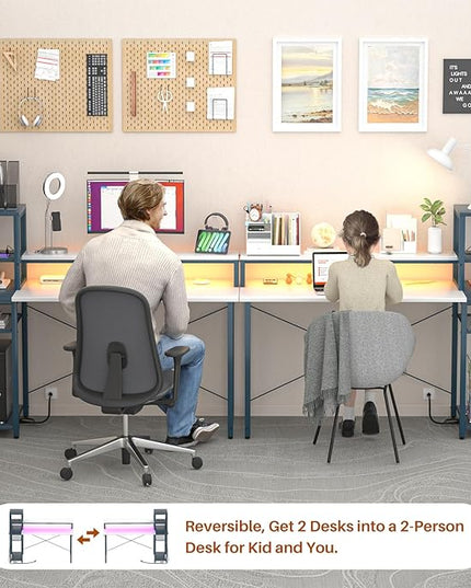 armocity 2024 Upgrade Gaming Desk with LED Lights, Small Computer Desk with Long Monitor Stand, 47.2'' Reversible Laptop Table with Storage Shelves, Small Desk for Small Spaces, Gaming Room, White - LeafyLoom