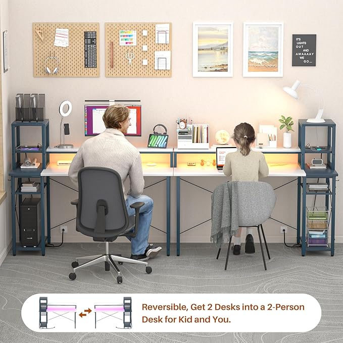 armocity 2024 Upgrade Gaming Desk with LED Lights, Small Computer Desk with Long Monitor Stand, 47.2'' Reversible Laptop Table with Storage Shelves, Small Desk for Small Spaces, Gaming Room, White - LeafyLoom