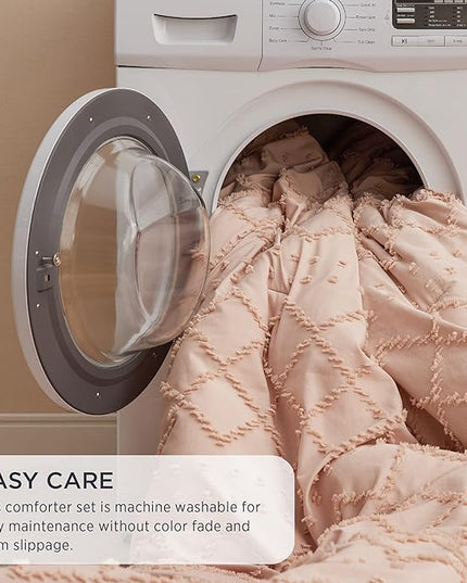 Bedsure California King Comforter Set - Coral Pink Boho Tufted Shabby Chic Bedding Comforter Set, 3 Pieces Vintage Farmhouse Bed Set for All Seasons, Fluffy Soft Bedding Set with 2 Pillow Shams - LeafyLoom