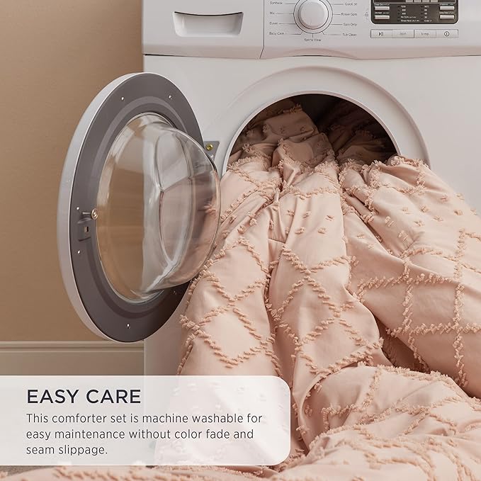 Bedsure King Size Comforter Set - Coral Pink Comforter, Boho Tufted Shabby Chic Bedding Comforter Set, 3 Pieces Farmhouse Bed Set for All Seasons, Fluffy Soft Bedding Set with 2 Pillow Shams - LeafyLoom