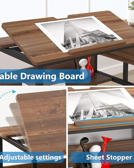 Tribesigns Drafting Table with Storage Drawers, Drawing Computer Desk Artist Craft Table Painting Desk Workstation with Shelves and Tiltable Tabletop for Students, Home Office - LeafyLoom