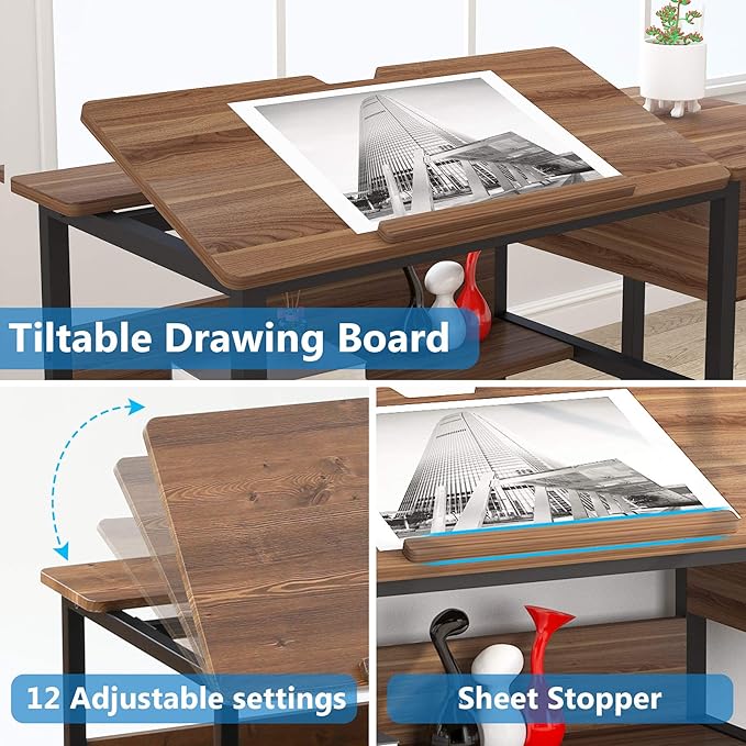 Tribesigns Drafting Table with Storage Drawers, Drawing Computer Desk Artist Craft Table Painting Desk Workstation with Shelves and Tiltable Tabletop for Students, Home Office - LeafyLoom