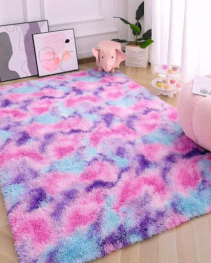 AROGAN Soft Rainbow Area Rugs for Girls Room 6x9 Feet, Fluffy Girls Bedroom Rugs, Princess Rug, Cute Colorful Carpet for Kids Teens Nursery Toddler, Hot Pink - LeafyLoom