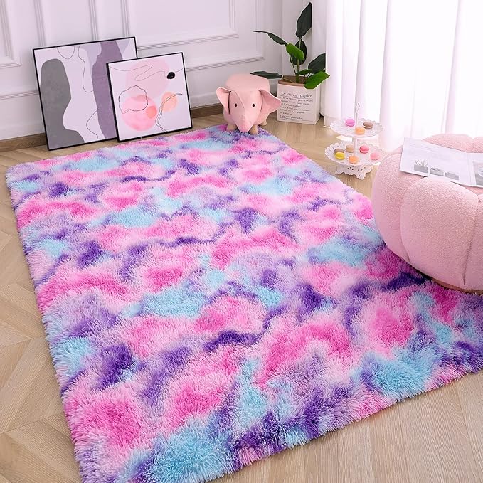AROGAN Soft Rainbow Area Rugs for Girls Room 6x9 Feet, Fluffy Girls Bedroom Rugs, Princess Rug, Cute Colorful Carpet for Kids Teens Nursery Toddler, Hot Pink - LeafyLoom