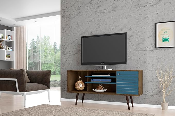 Manhattan Comfort Liberty Mid Century Modern TV Stand for Televisions up to 50 Inches, Bedroom and Living Room Entertainment Center with Storage, Shelves, and Cabinet, 53" Wide, Rustic Brown/Aqua - LeafyLoom