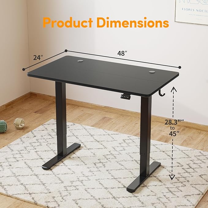 Cubiker 48 x 24 Inch Standing Desk, Stand up Height Adjustable Home Office Electric Table, Sit Stand Desk with Splice Board, Black Frame & Black Desktop - LeafyLoom