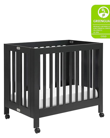 Babyletto Origami Mini Portable Folding Crib with Wheels in Black, 2 Adjustable Mattress Positions, Greenguard Gold Certified - LeafyLoom