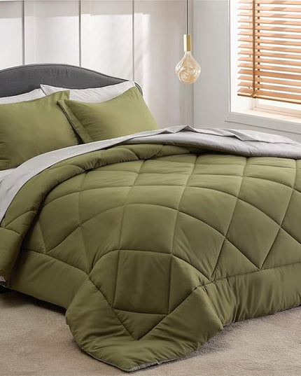 Bedsure Olive Green Twin Comforter Set - 5 Pieces Reversible Twin Bed in a Bag, Extra Long Twin Bed Set with Comforters, Sheets, Pillowcase & Sham, Twin Bedding Sets for College - LeafyLoom