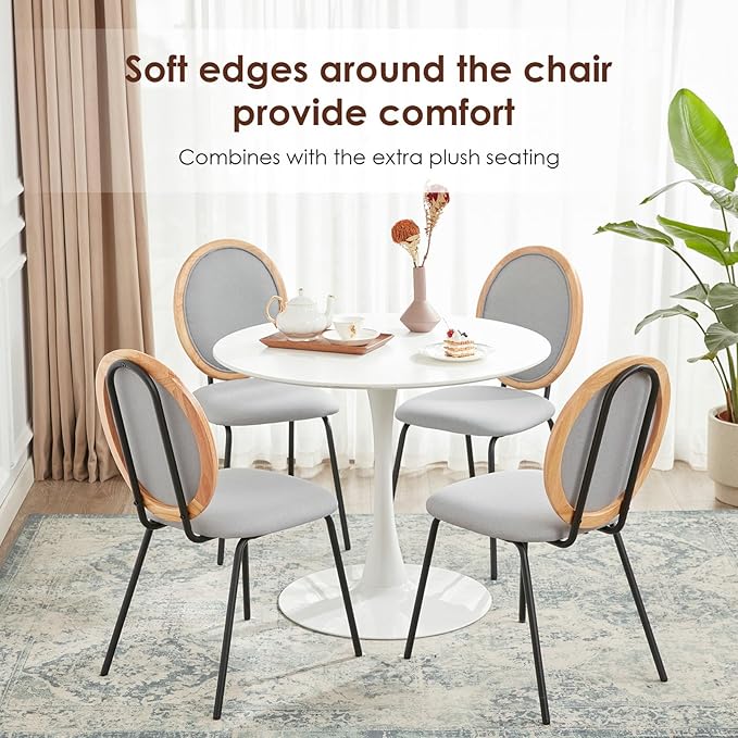Linen Kitchen Dining Chairs Set of 2 Upholstered Round Back Mid Century Dining Chair for Dining Room Chairs Wood Modern Industrial Metal Dining Chair Indoor - LeafyLoom