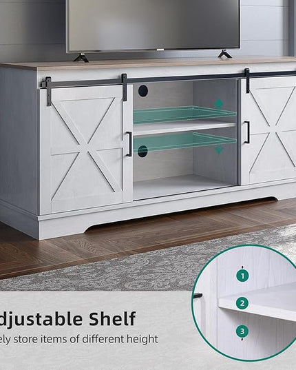 YITAHOME Farmhouse TV Stand for 65/60/55 Inch, Modern Entertainment Center with Sliding Barn Door, Wood TV Media Console Storage TV Cabinet for Living Room for 300lbs, Grey White & Grey Wash - LeafyLoom