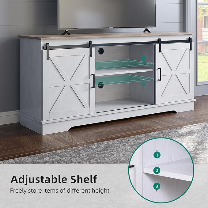 YITAHOME Farmhouse TV Stand for 65/60/55 Inch, Modern Entertainment Center with Sliding Barn Door, Wood TV Media Console Storage TV Cabinet for Living Room for 300lbs, Grey White & Grey Wash - LeafyLoom