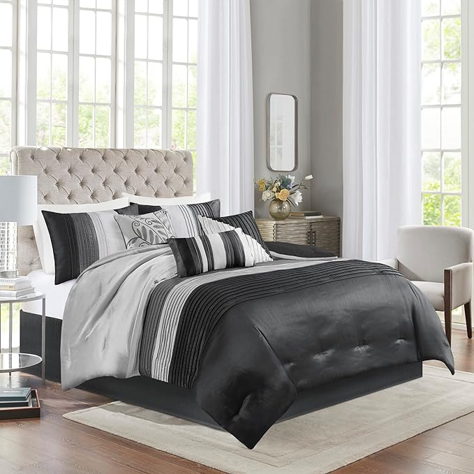Madison Park Amherst Faux Silk Comforter Set-Casual Contemporary Design All Season Down Alternative Bedding, Matching Shams, Bedskirt, Decorative Pillows, King(104"x92"), Black, 7 Piece (MP10-226) - LeafyLoom