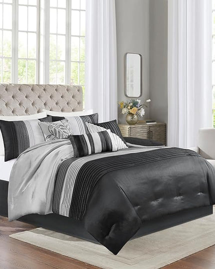 Madison Park Amherst Faux Silk Comforter Set-Casual Contemporary Design All Season Down Alternative Bedding, Matching Shams, Bedskirt, Decorative Pillows, Queen(90"x90"), Black, 7 Piece (MP10-225) - LeafyLoom