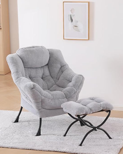 Plush Lazy Chair and Ottoman, Large Contemporary Accent Lounge Chair with Armrests and a Side Pocket, Modern Leisure Upholstered Sofa Reading Armchair with Footrest for Bedroom, Living Room - LeafyLoom