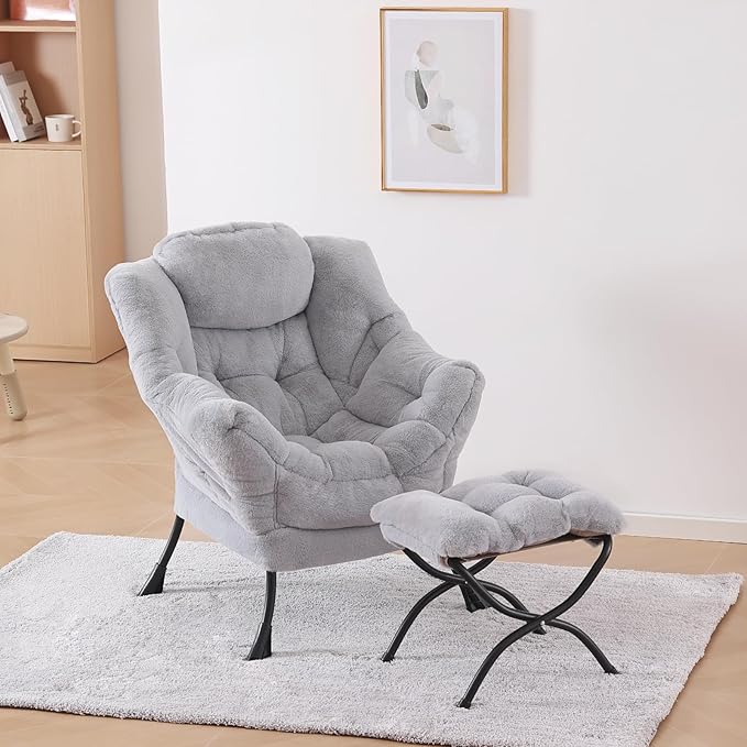 Plush Lazy Chair and Ottoman, Large Contemporary Accent Lounge Chair with Armrests and a Side Pocket, Modern Leisure Upholstered Sofa Reading Armchair with Footrest for Bedroom, Living Room - LeafyLoom