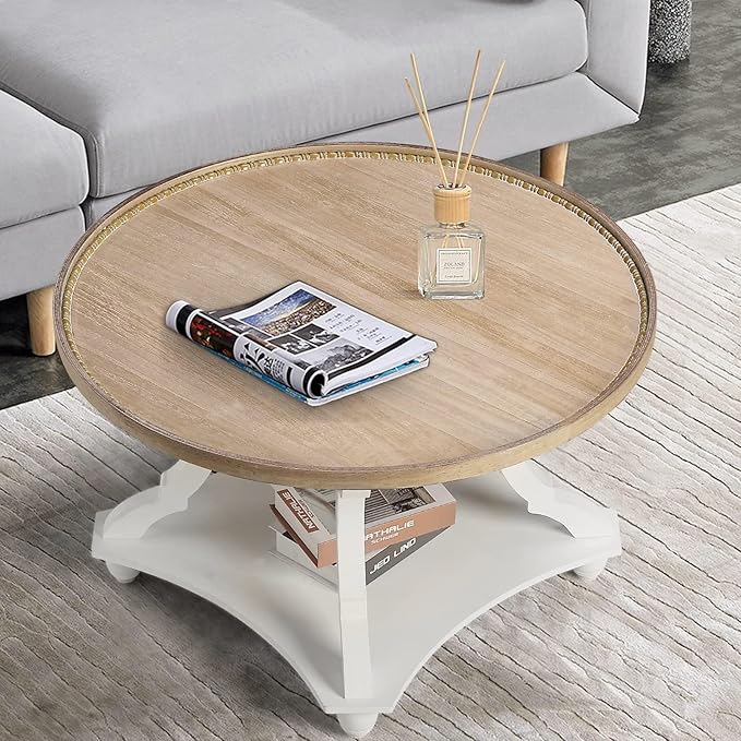Wnutrees Farmhouse Round Coffee Table,Wood Tray Top Circle Coffee Table with Storage Shelf Rustic Style for Living Room and Vintage Finish,White - LeafyLoom