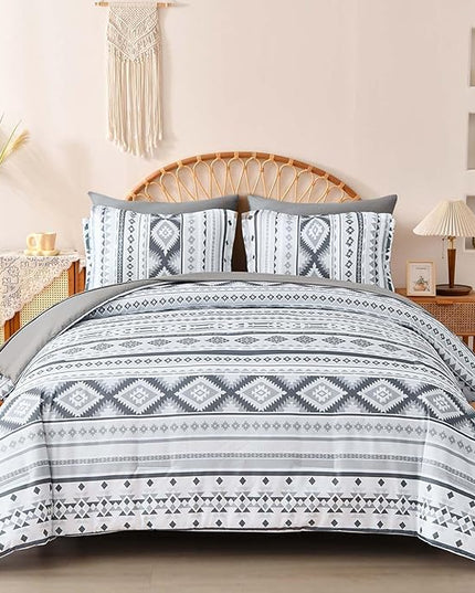 Dinjoy Boho King Size Bed in A Bag 7 Pieces,Grey Aztec Comforter Set Striped Bedding Set Bohemian Patchwork Complete Set Geometric Pattern Gray Comforters for Women Men 90"×104" - LeafyLoom