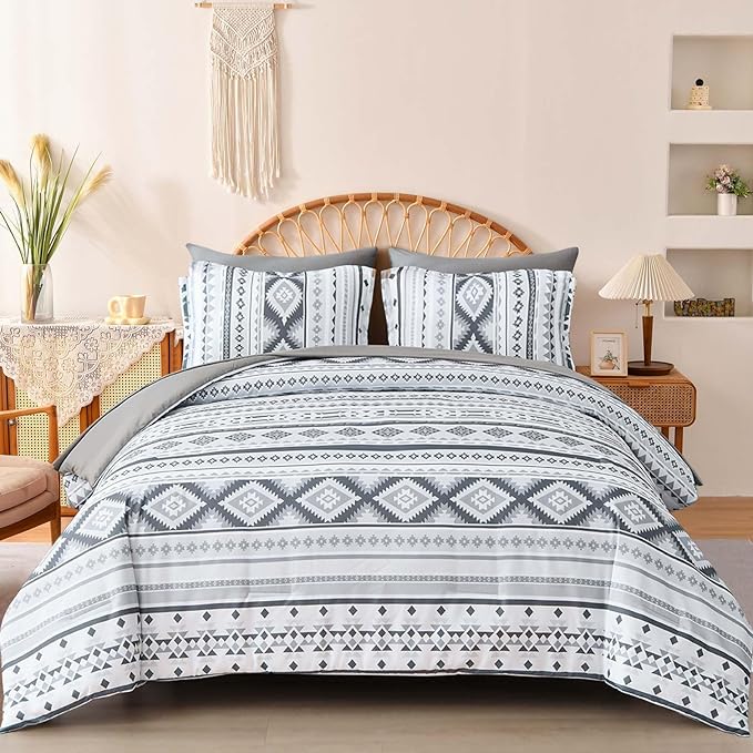Dinjoy Boho King Size Bed in A Bag 7 Pieces,Grey Aztec Comforter Set Striped Bedding Set Bohemian Patchwork Complete Set Geometric Pattern Gray Comforters for Women Men 90"×104" - LeafyLoom