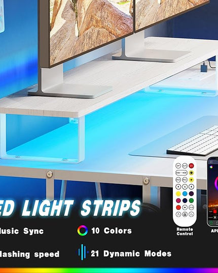 White Computer Desk with Drawer and Power Outlets, 55" Office Desk with Monitor Stand and Sheleves,Writing Study Gaming Desks with Led Light and Headphone Hook for Bedroom - LeafyLoom