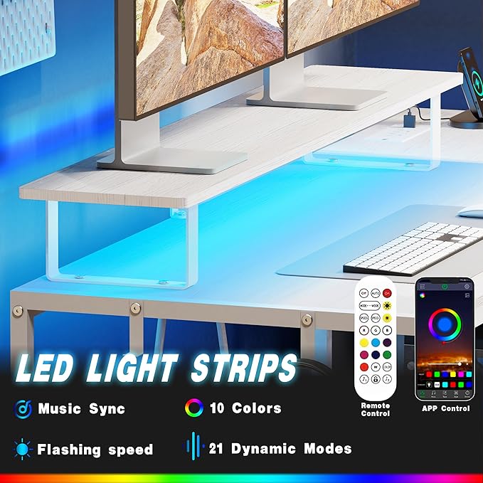 White Computer Desk with Drawer and Power Outlets, 55" Office Desk with Monitor Stand and Sheleves,Writing Study Gaming Desks with Led Light and Headphone Hook for Bedroom - LeafyLoom