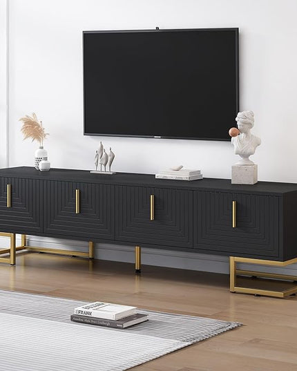 Merax Modern Stand with Metal Legs, Gold Handles, Geometric Lines and Adjustable Shelves for TVs Up to 80'' Media Console Table, Luxury Storage Cabinets for Living Room, 70.8" length, Black - LeafyLoom