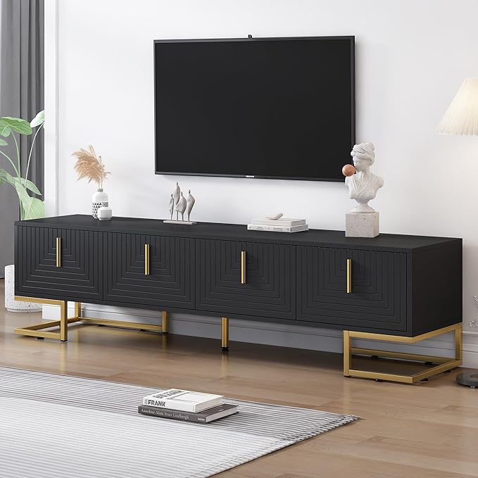 Merax Modern Stand with Metal Legs, Gold Handles, Geometric Lines and Adjustable Shelves for TVs Up to 80'' Media Console Table, Luxury Storage Cabinets for Living Room, 70.8" length, Black - LeafyLoom