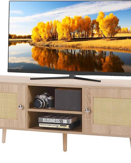 VEVOR Rattan TV Stand, Boho TV Cabinet for 55 inch TV, Mid Century Modern TV Stand, Rattan TV Console with Adjustable Shelfs for Living Room, Media Room, Oak - LeafyLoom