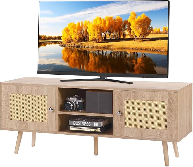 VEVOR Rattan TV Stand, Boho TV Cabinet for 55 inch TV, Mid Century Modern TV Stand, Rattan TV Console with Adjustable Shelfs for Living Room, Media Room, Oak - LeafyLoom
