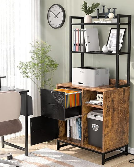 Homieasy Vertical Filing Cabinet with Lock & Charging Station, Large Drawer Wood File Cabinet with Bookshelf, Printer Stand with Open Storage Shelf, fits Letter Size for Home Office, Black and Rustic - LeafyLoom