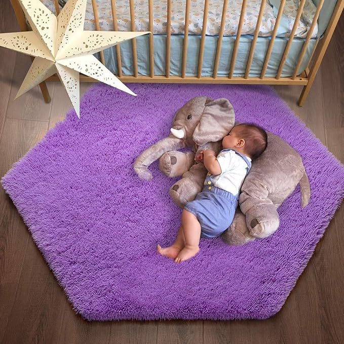 junovo Ultra Soft Rug for Nursery Children Room Baby Room Home Decor Dormitory Hexagon Carpet for Playhouse Princess Tent Kids Play Castle, Diameter 4.6 ft, Purple - LeafyLoom