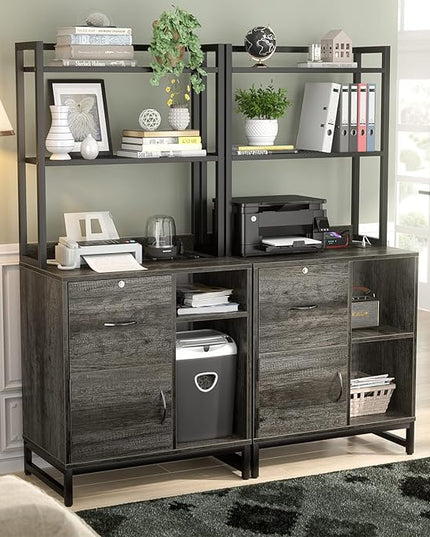 Homieasy Vertical Filing Cabinet with Lock & Charging Station, Large Drawer Wood File Cabinet with Bookshelf, Printer Stand with Open Storage Shelf, fits Letter Size for Home Office, Grey Oak - LeafyLoom