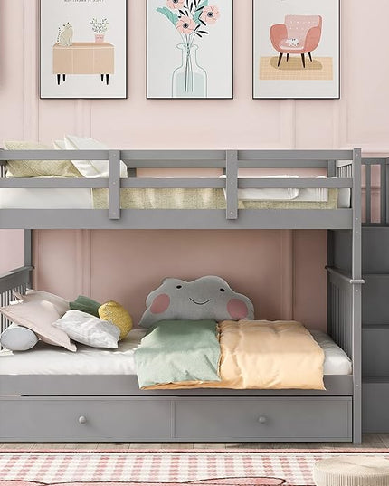 Stairway Full-Over-Full Bunk Bed with Twin Size Trundle, Storage Stairs and Guard Rail, 3-in-1 Bedframe for Bedroom Dorm, Kids Teens Adults, Gray - LeafyLoom