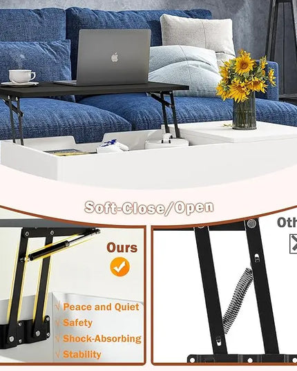 White Coffee Table with Black Lift Top - Modern Industrial Coffee Table with Lifting Top and Hide Compartment Storage - 40 Inch Rectangle Lift Coffee Tables for Living Room - LeafyLoom
