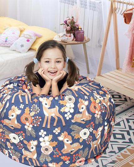 Stuffed Animal Storage Bean Bag Chair Cover, Hold Kids Plush Toys Blankets Towels Beanbag (Cover Only), Canvas Floor Circle Stuff Sit Seat Sofa with YKK Zipper, Extra Large 38", Fawn - LeafyLoom