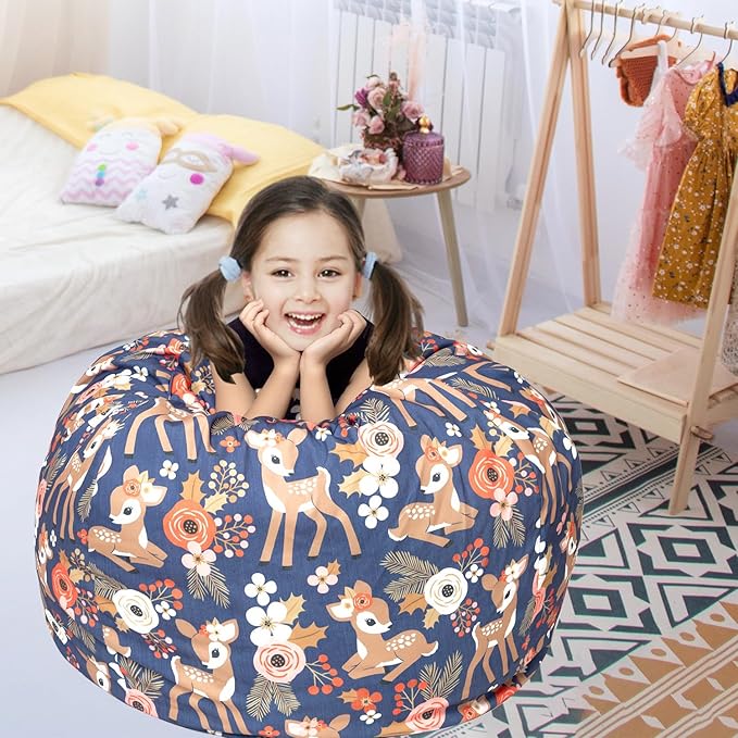Stuffed Animal Storage Bean Bag Chair Cover, Hold Kids Plush Toys Blankets Towels Beanbag (Cover Only), Canvas Floor Circle Stuff Sit Seat Sofa with YKK Zipper, Extra Large 38", Fawn - LeafyLoom