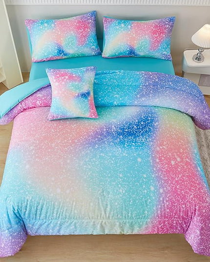 PERFEMET Rainbow Queen Girls Bedding Set, 6 Pieces Glitter Pink Green Comforter for Queen Size Bed, Colorful Tie Dye Ombre Teen Girls Bed in A Bag Comforter Set with Sheets - LeafyLoom