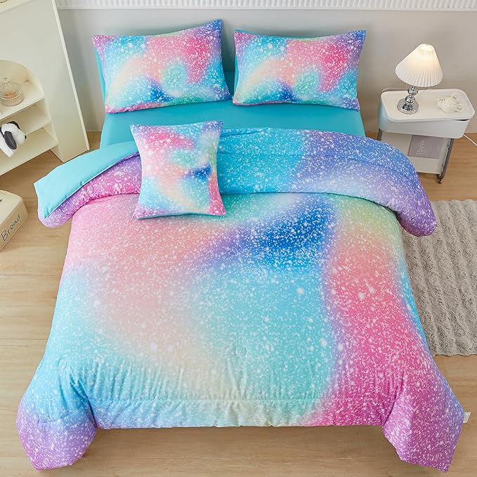 PERFEMET Full Size Comforter Sets for Kids Girls 6 Pieces Pink Green Ombre Rainbow Bedding Set Colorful Tie Dye Glitter Teen Girls Bed in A Bag - LeafyLoom
