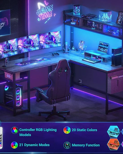 Aheaplus L Shaped Desk with Power Outlet & LED Strip, Reversible L-Shaped Corner Computer Desks Gaming Desk with Storage Shelf & Monitor Stand, Modern 2 Person Home Office Desk Writing Desk, Grey Oak - LeafyLoom