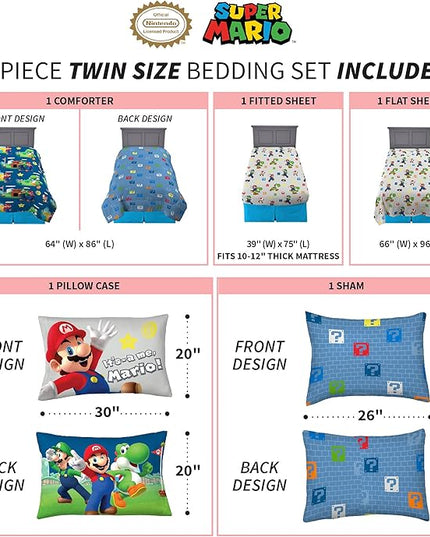Franco Kids Bedding Super Soft Comforter and Sheet Set with Sham, 5 Piece Twin Size, Mario - LeafyLoom