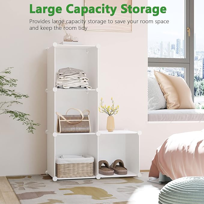C&AHOME Cube Storage Organizer, 4-Cube Shelves Units, Closet Cabinet, DIY Plastic Modular Book Shelf Ideal for Bedroom, Living Room, Office, 24.8" L x 12.4" W x 24.8" H Milky UPCS04M - LeafyLoom